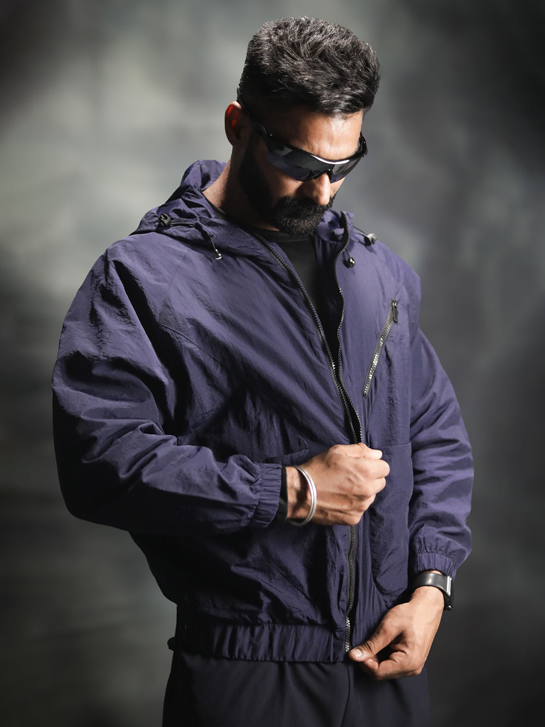 Men Winter Sports Oversized Windcheater Hooded Jacket Navy