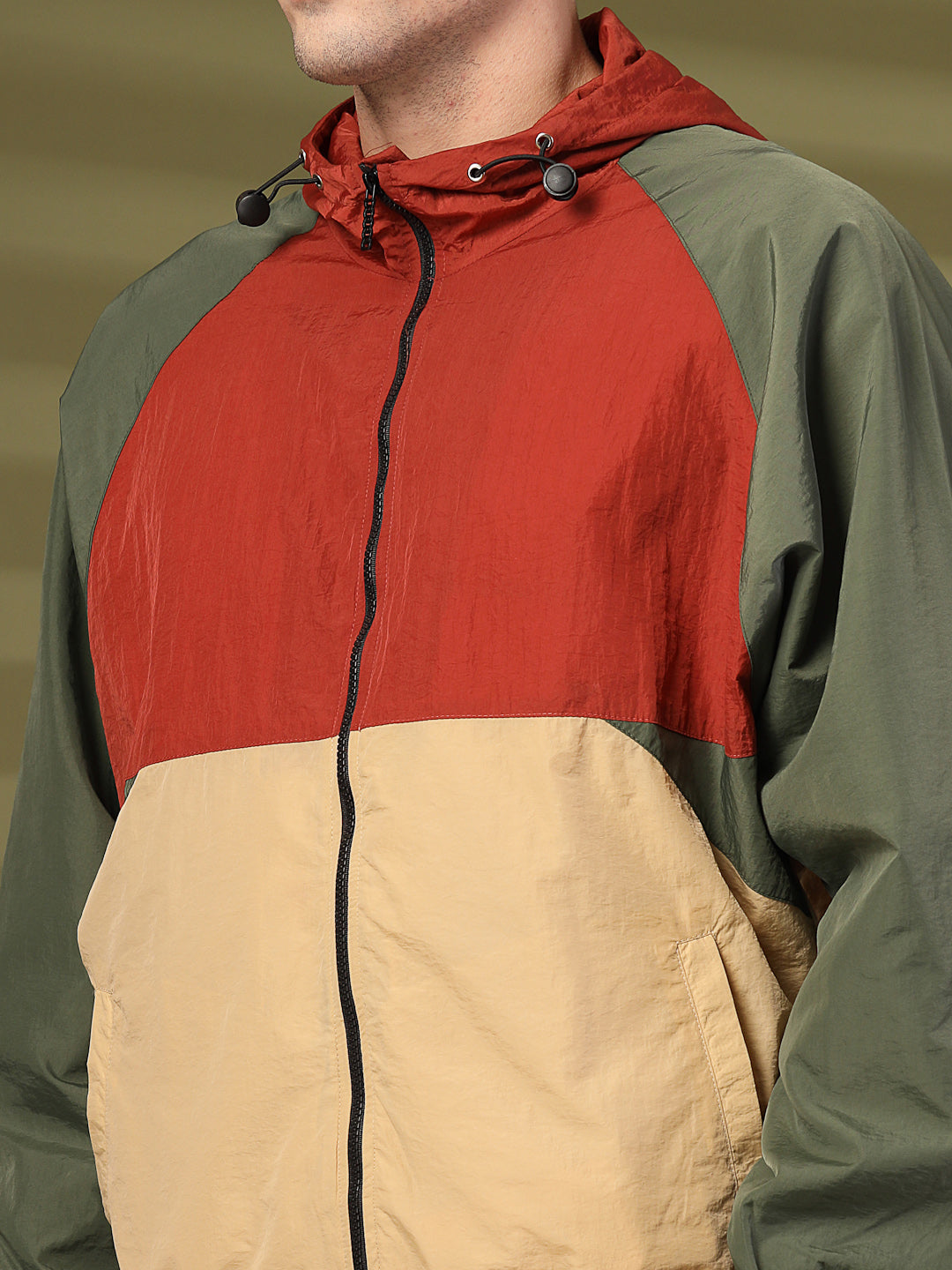 Men Rust Beige Olive Hooded Windcheater Oversized Sports Jacket