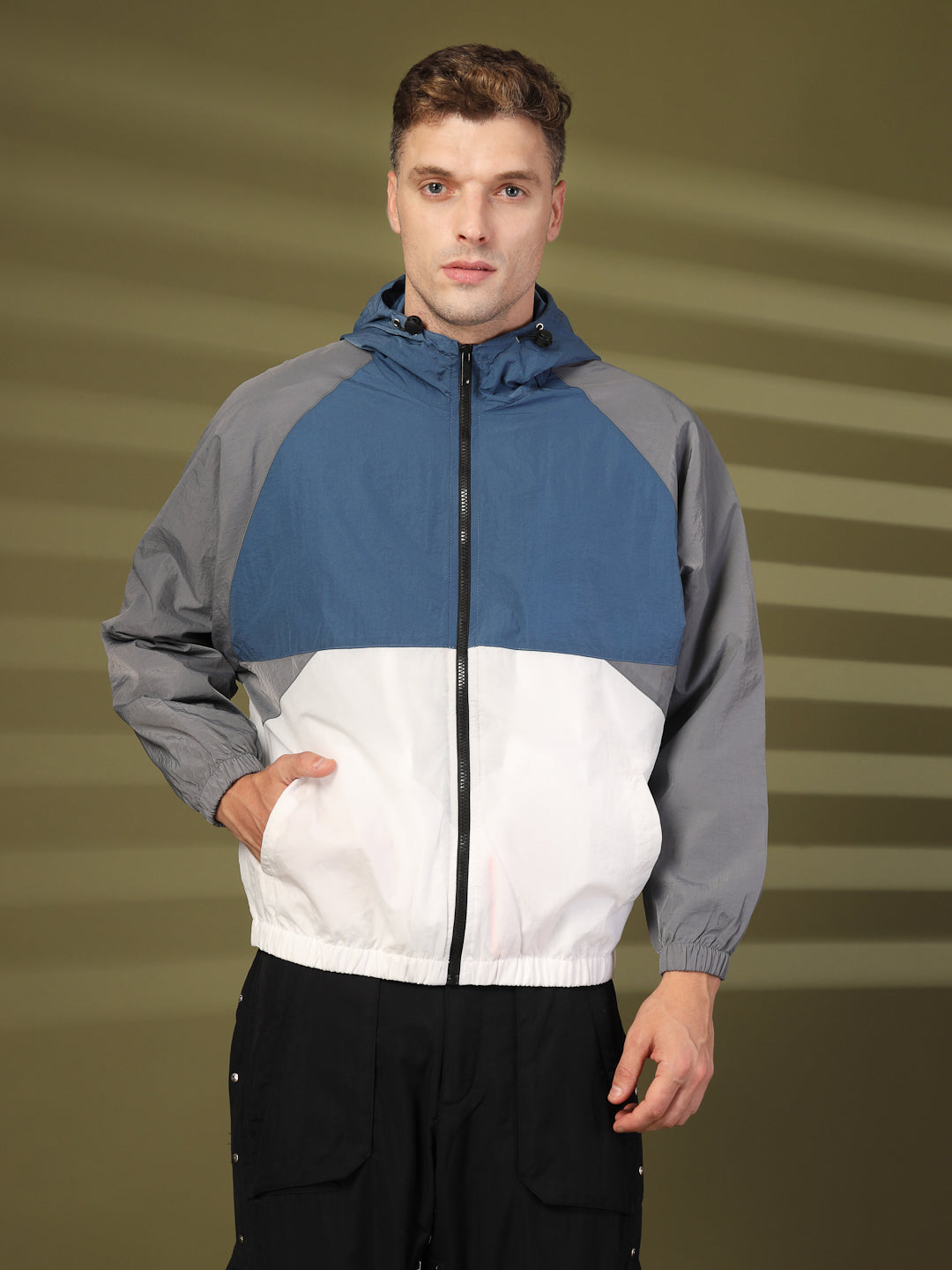 Men Blue White Grey Hooded Windcheater Oversized Sports Jacket