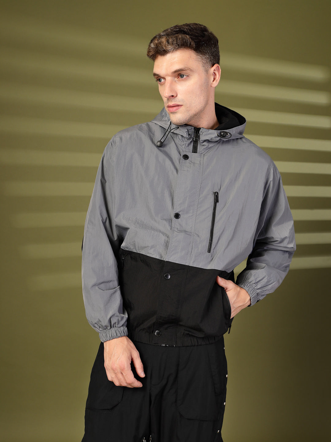 Men Grey Black Hooded Windcheater Oversized Sports Jacket