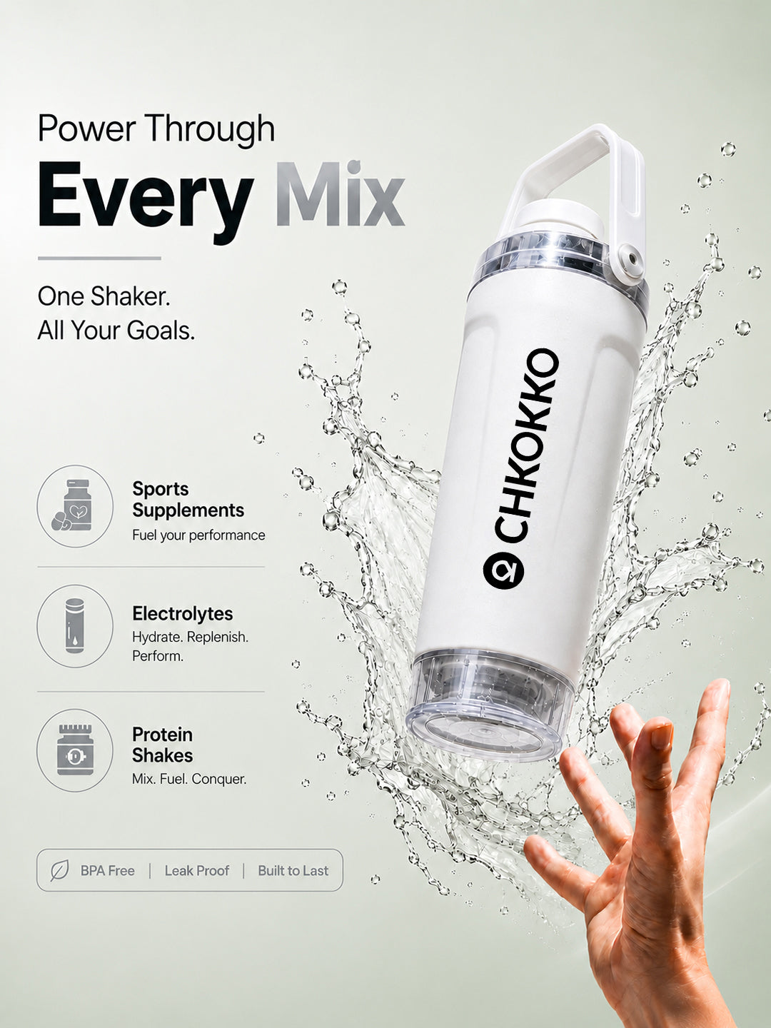 Chkokko Activate Protein Shaker Bottle 600ml with Carry Handle & Leakproof Lid White