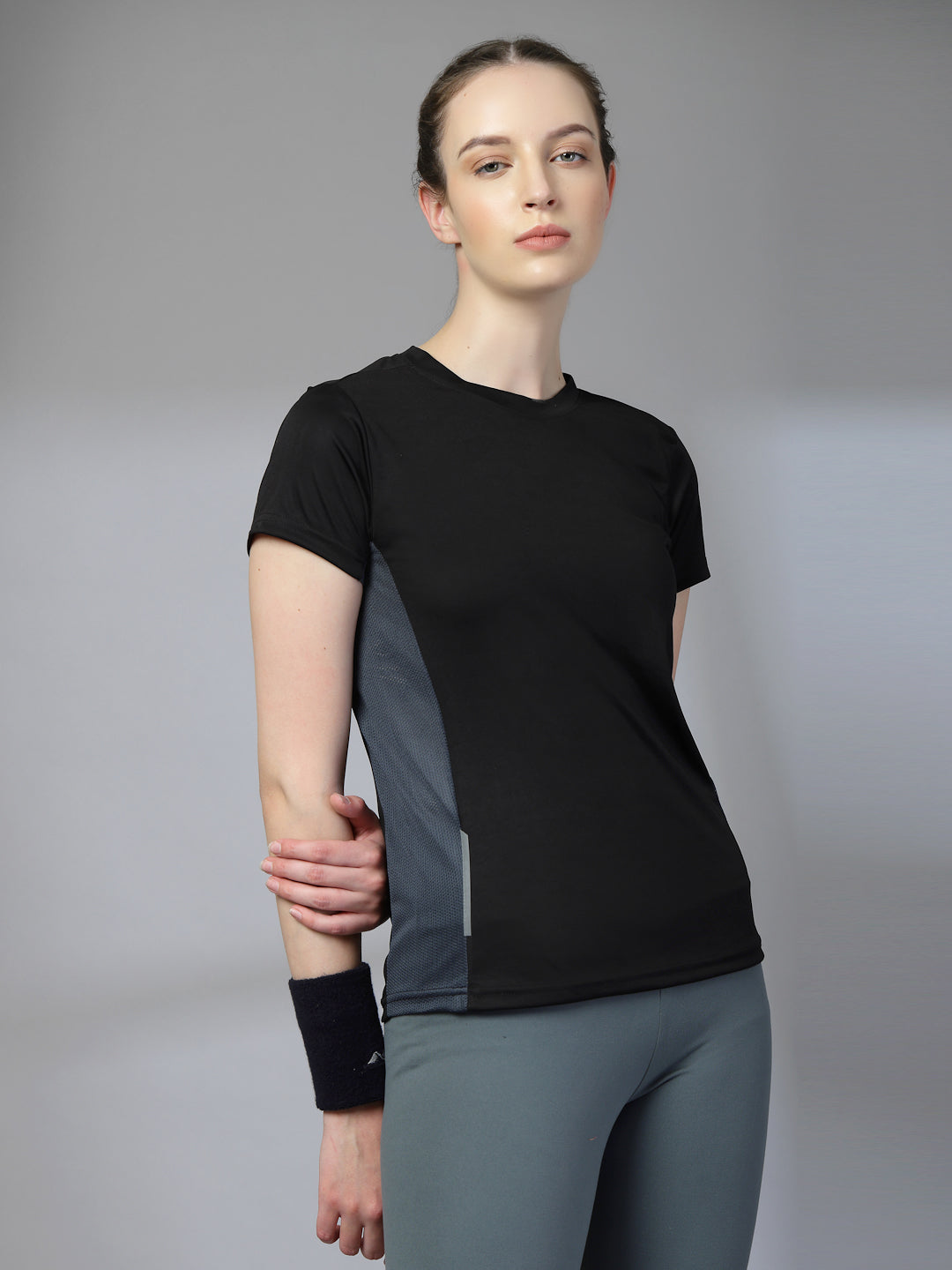 Women's Half Sleeve Dry Fit Active Wear Sports T-shirts Black Grey