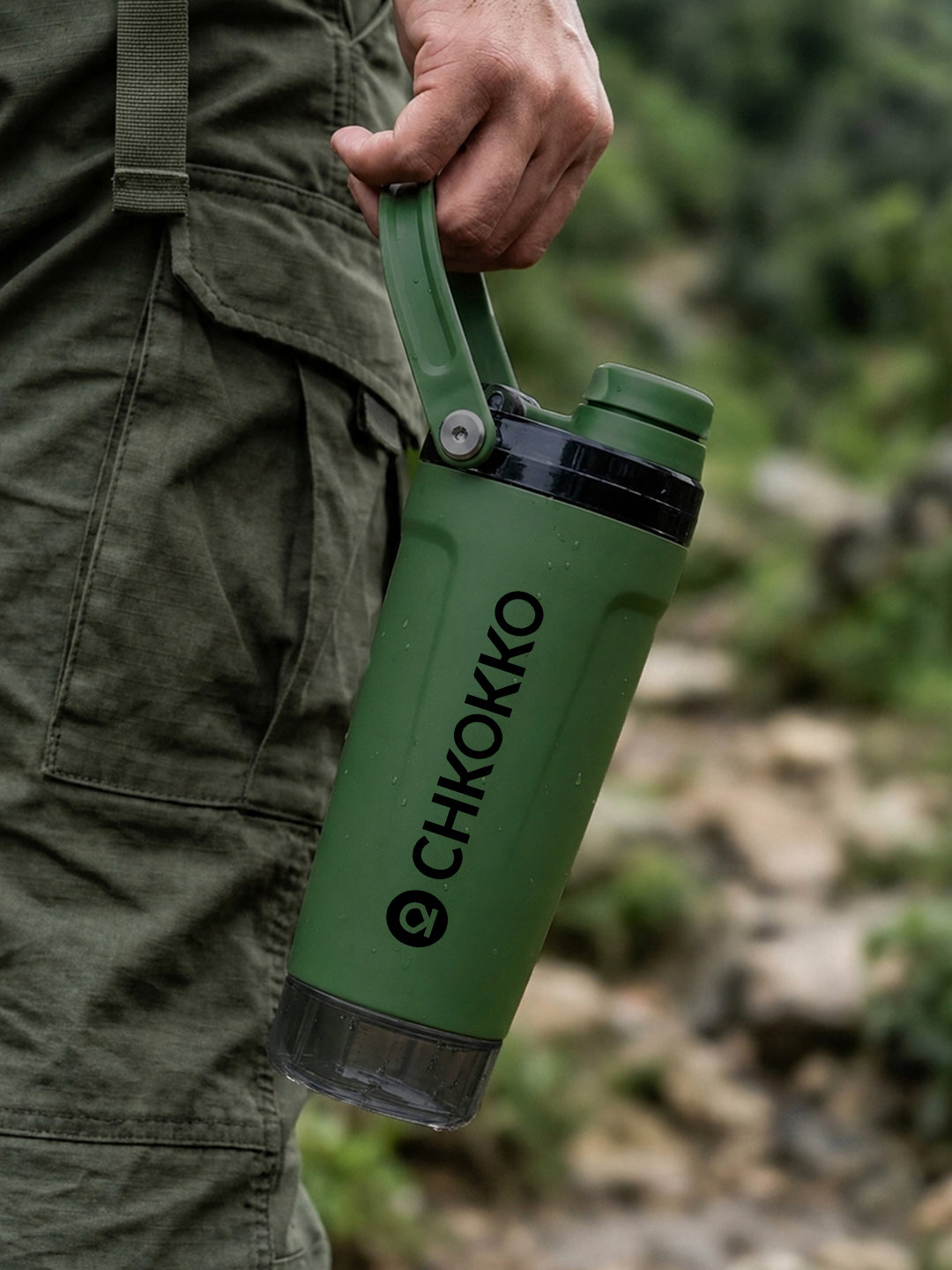 Chkokko Activate Protein Shaker Bottle 600ml with Carry Handle & Leakproof Lid Olive