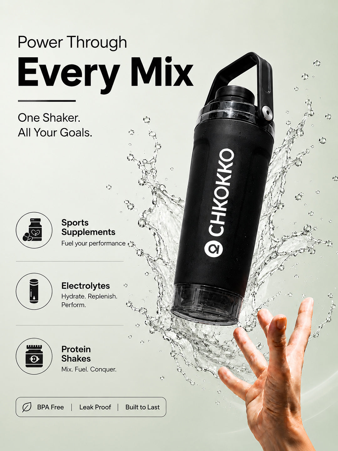 Chkokko Activate Protein Shaker Bottle 600ml with Carry Handle & Leakproof Lid Black