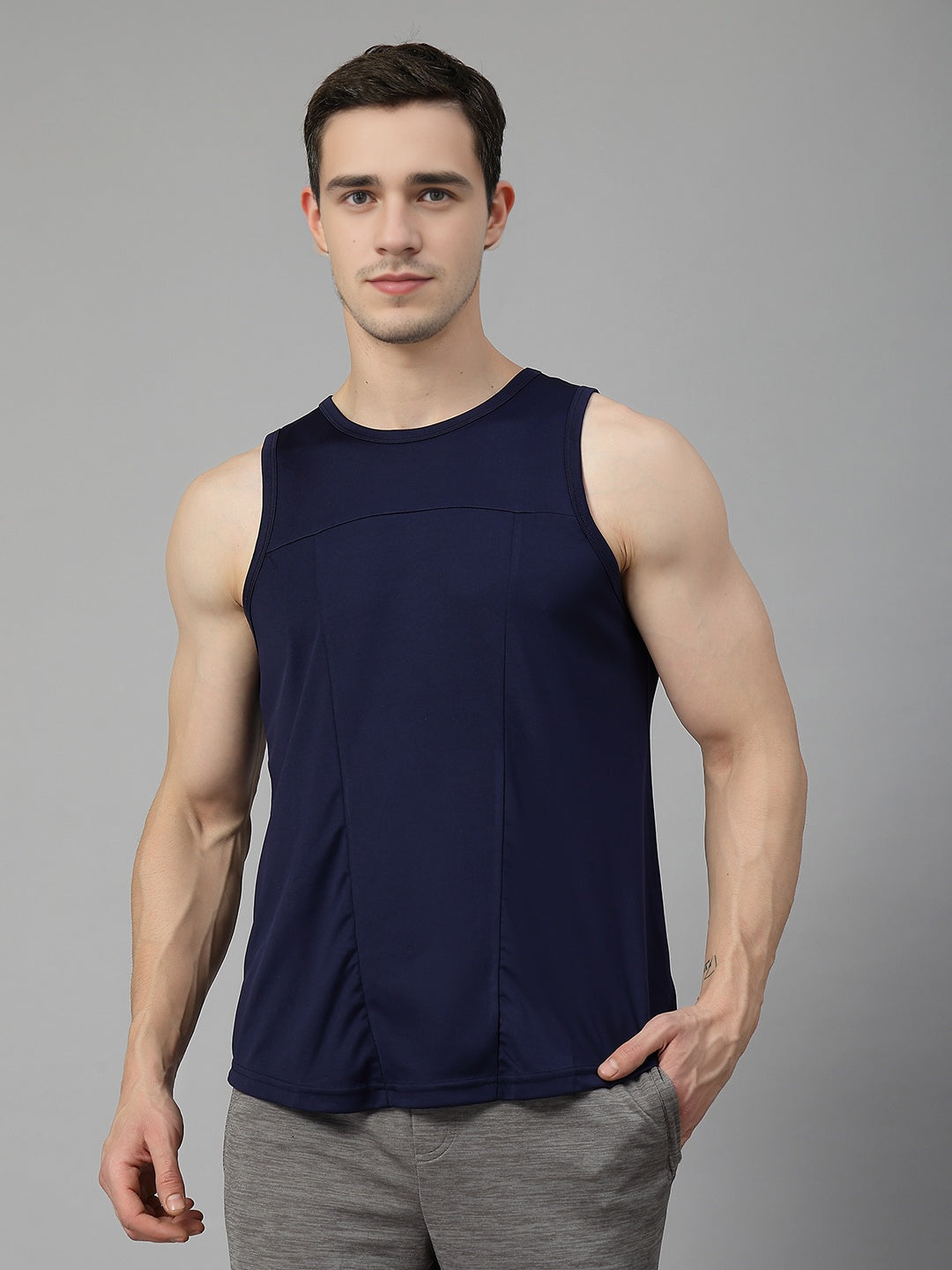Men Navy Blue Gym Sleeveless Sports Tanktop - Main Image