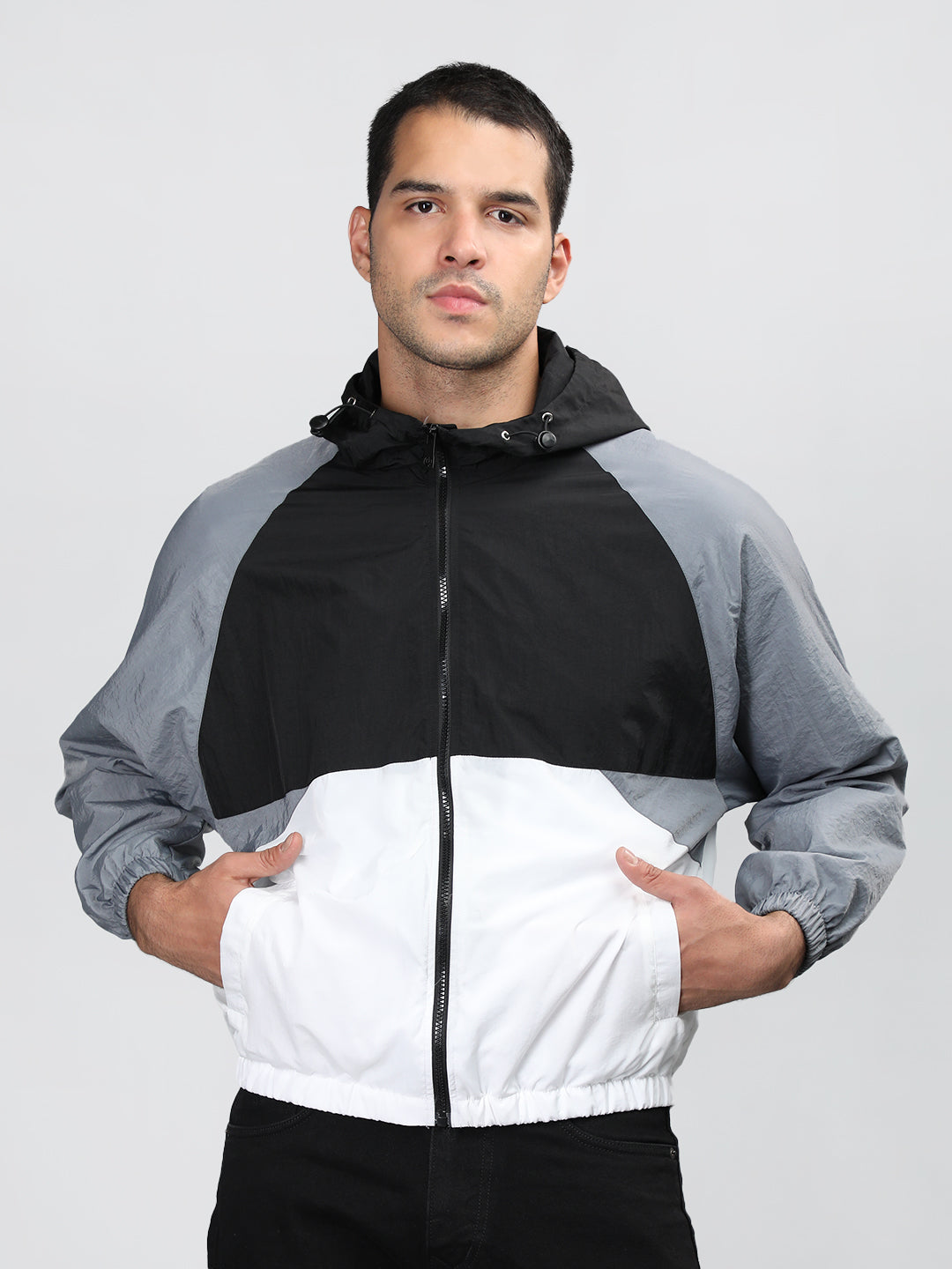 Men Black White Hooded Windcheater Oversized Sports Jacket