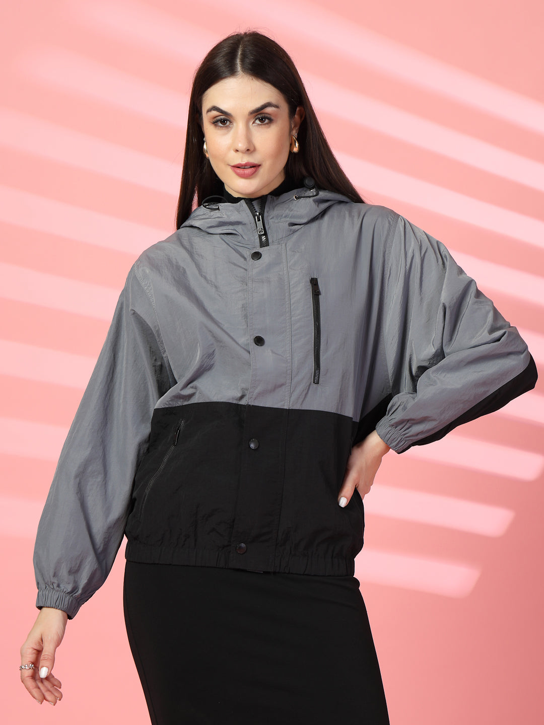 Clothing Womens Black Windbreaker Women Colourblocked Hooded