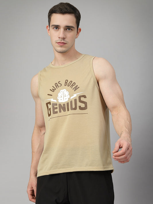 Men Khaki Graphic Printed Gym Sports Tank Top