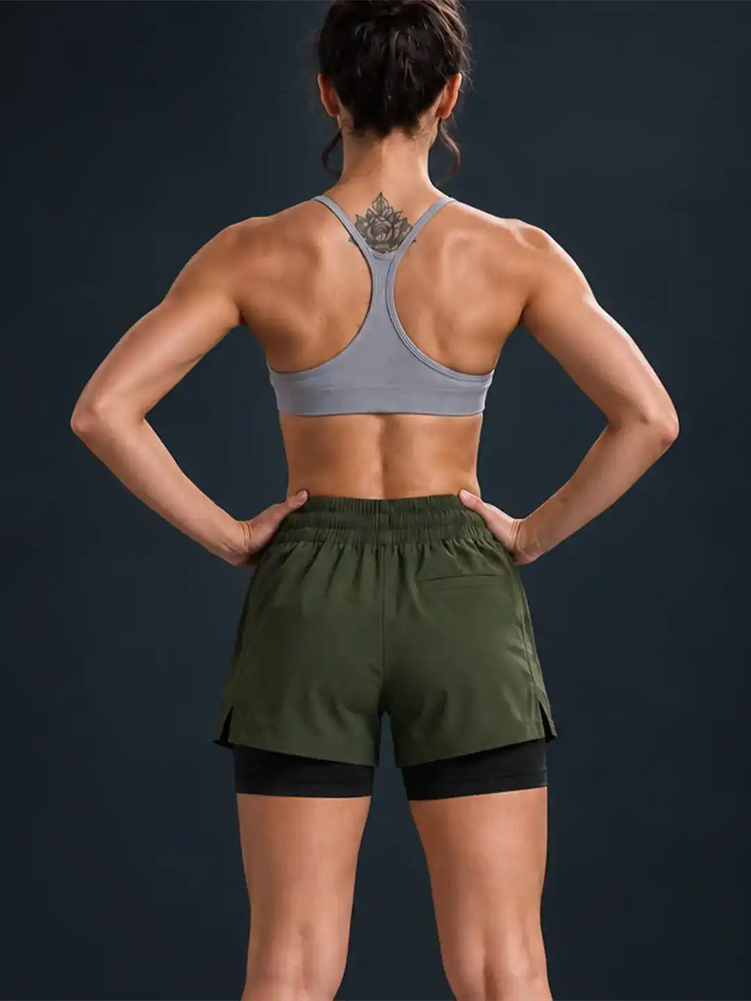 Women's Double Layered Sports Running Shorts Olive Black