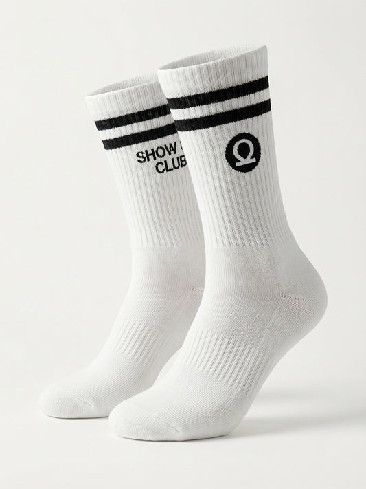 CHKOKKO Show Up Club Crew Socks β White with Black Stripes