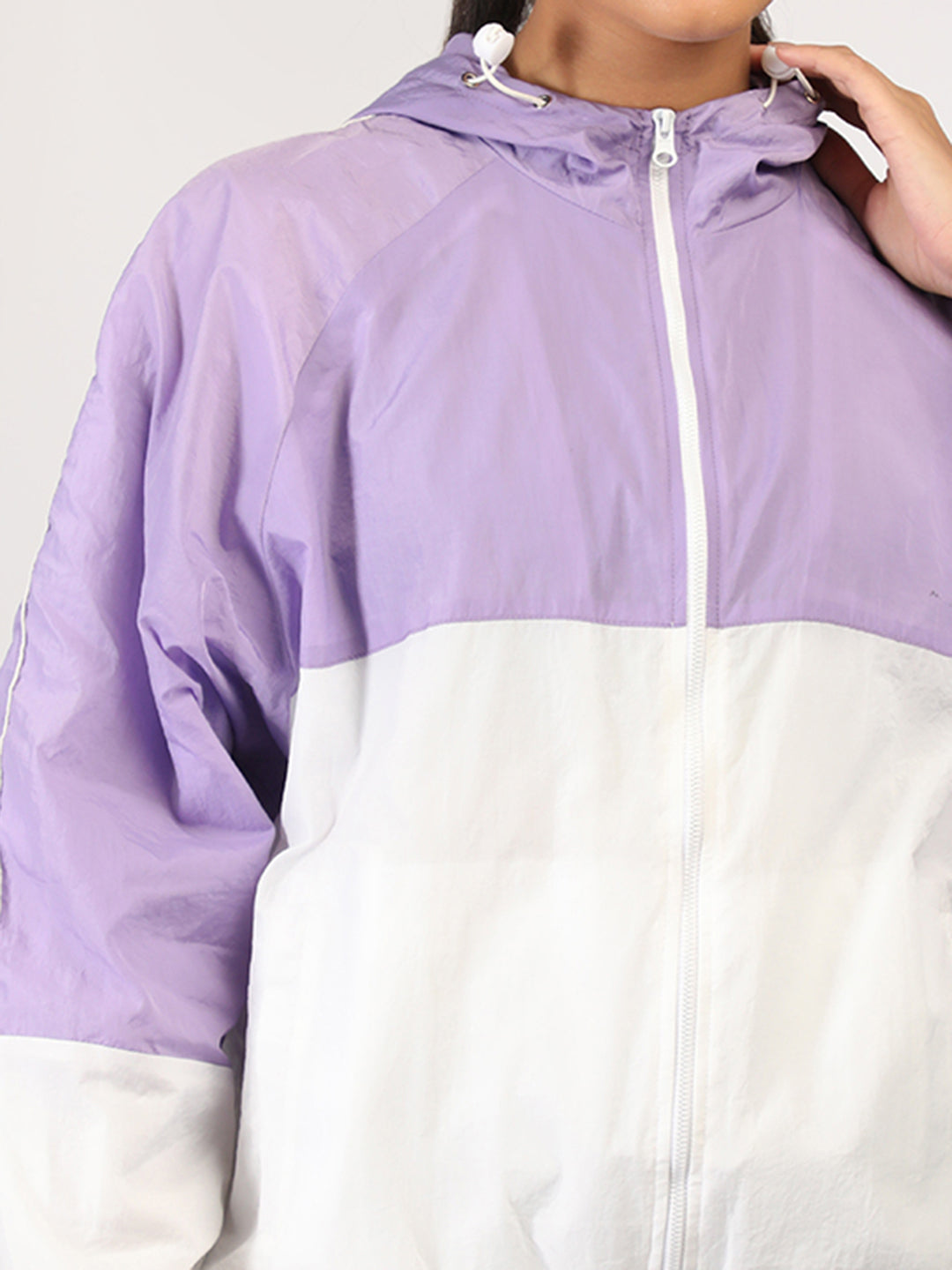 Women Colourblocked Hooded Windcheater Oversized Sports Jacket Lavender White
