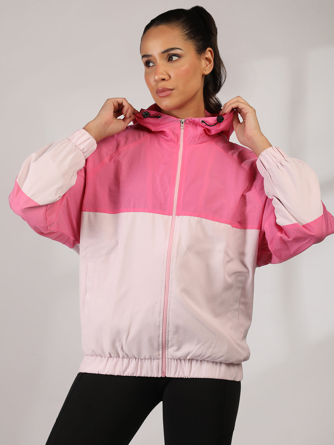Women Colourblocked Hooded Windcheater Oversized Sports Jacket Pink White
