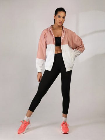 Women Colourblocked Hooded Windcheater Oversized Sports Jacket Peach White