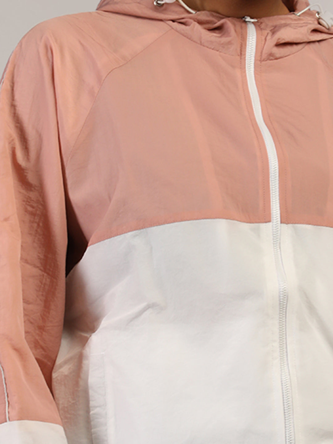 Women Colourblocked Hooded Windcheater Oversized Sports Jacket Peach White