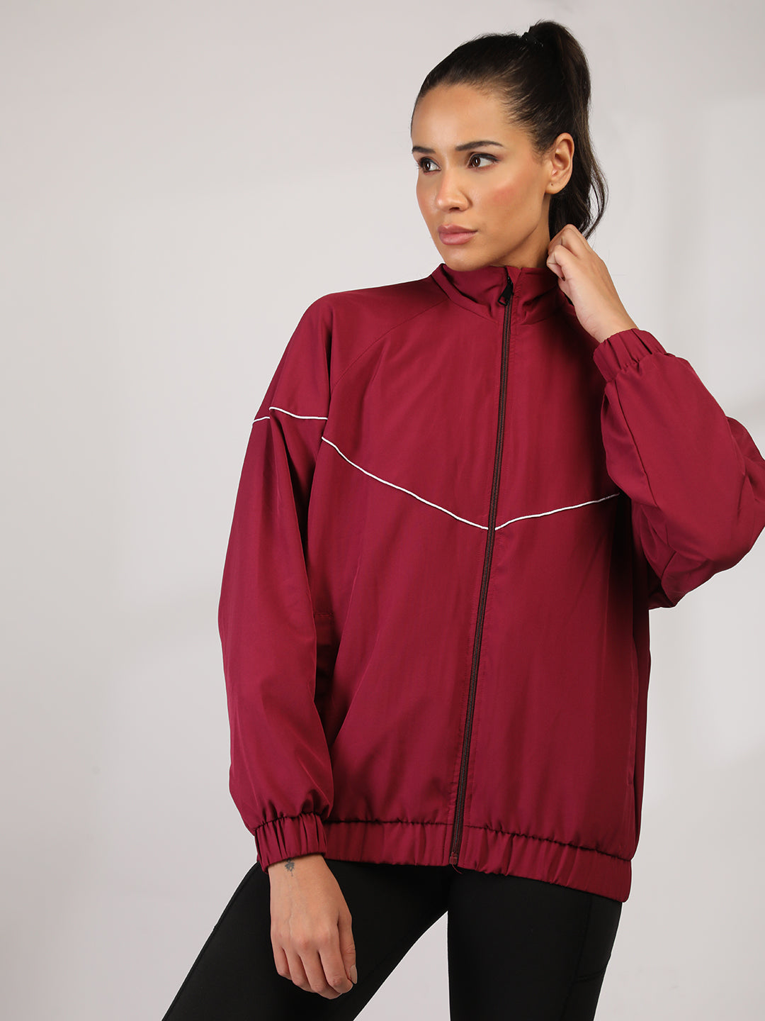 Women Winter Sports Oversized Windcheater Hooded Jacket Maroon