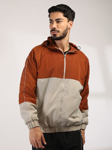 Men Hooded Windcheater Oversized Sports Jacket Rust Sand