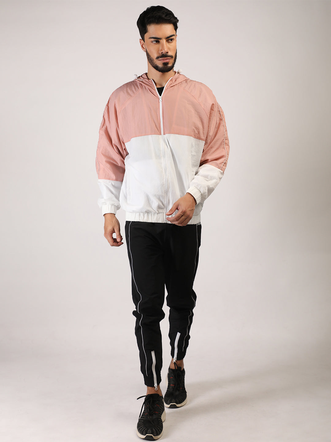 Men Hooded Windcheater Oversized Sports Jacket Peach White