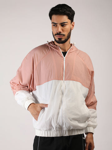 Men Hooded Windcheater Oversized Sports Jacket Peach White