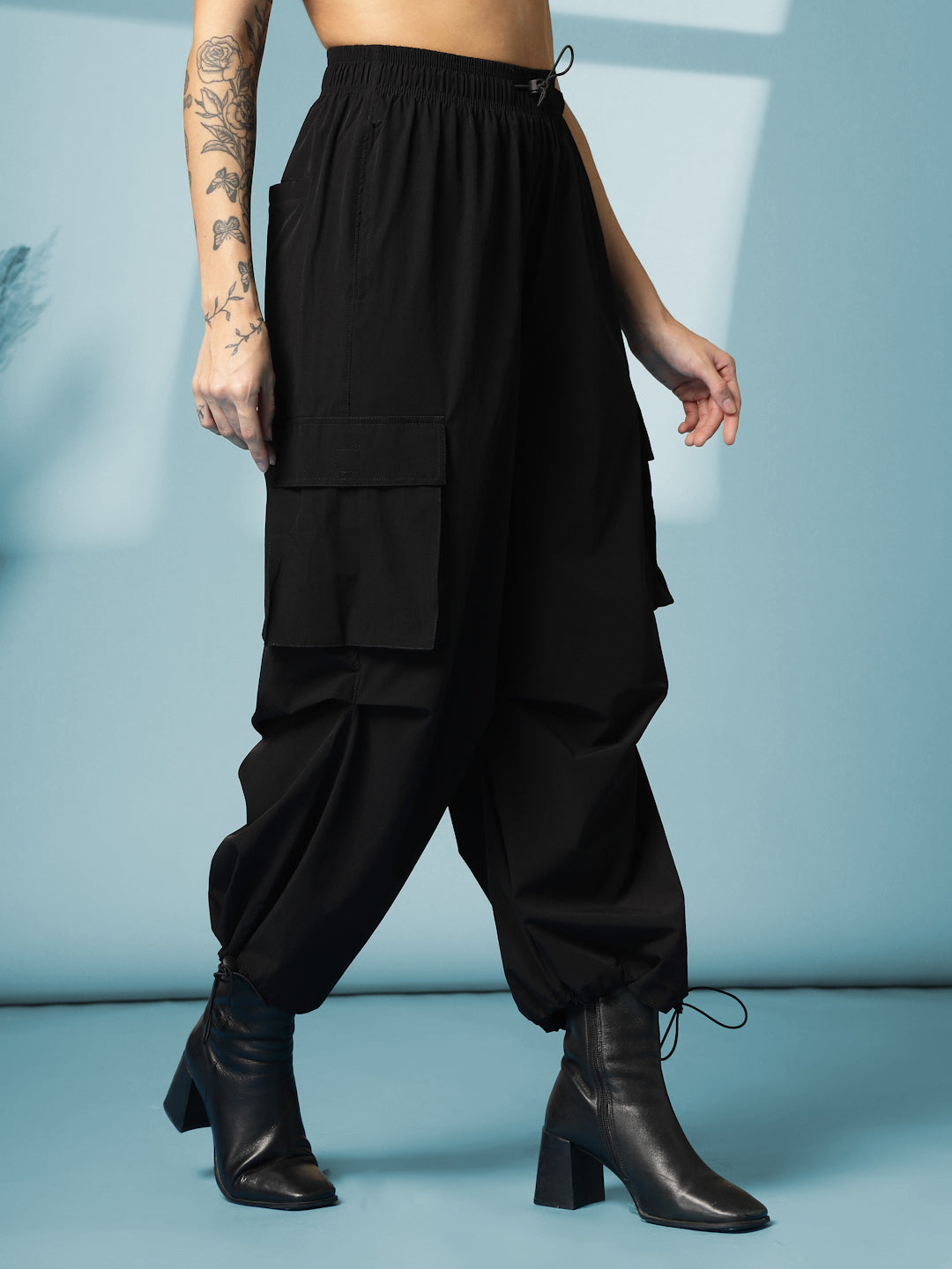 Women's Black Mid Waist Baggy Cargo Parachute Pants