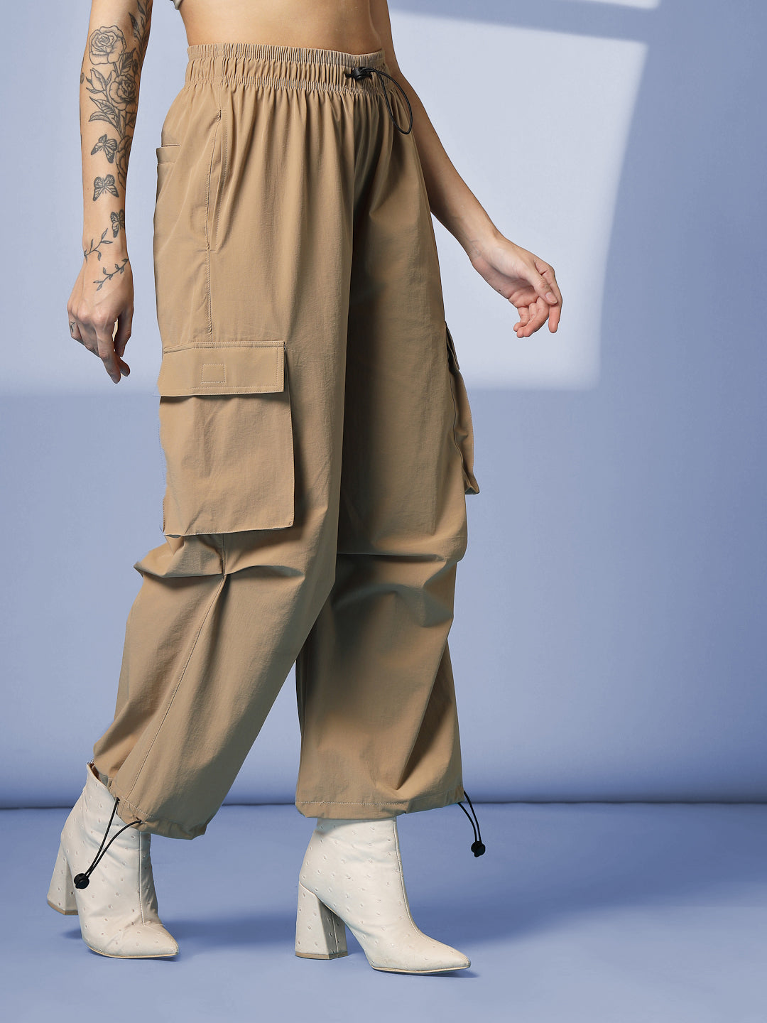 Women's Camel Mid Waist Baggy Cargo Parachute Pants