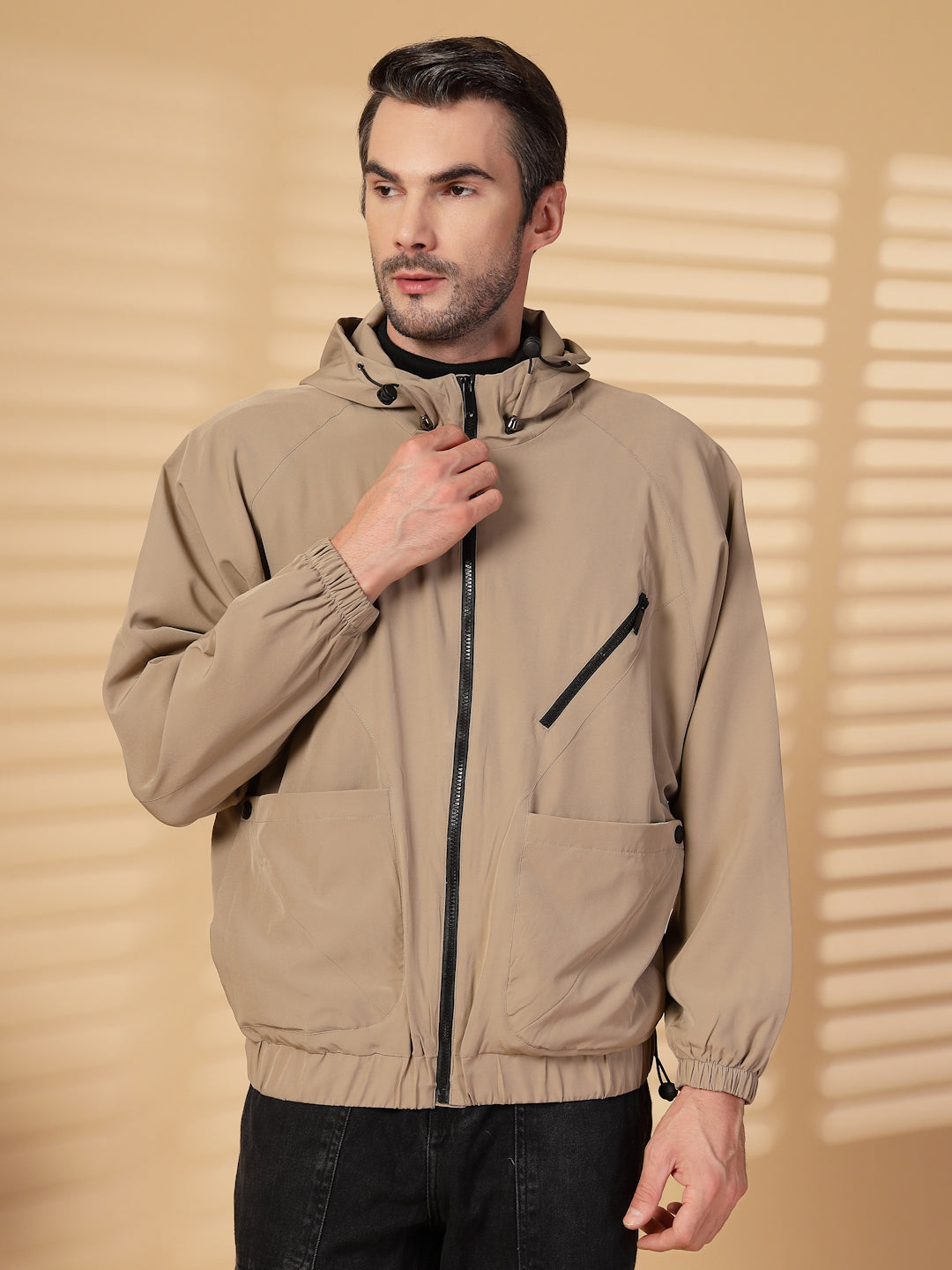 Men Winter Sports Oversized Windcheater Hooded Jacket Khaki