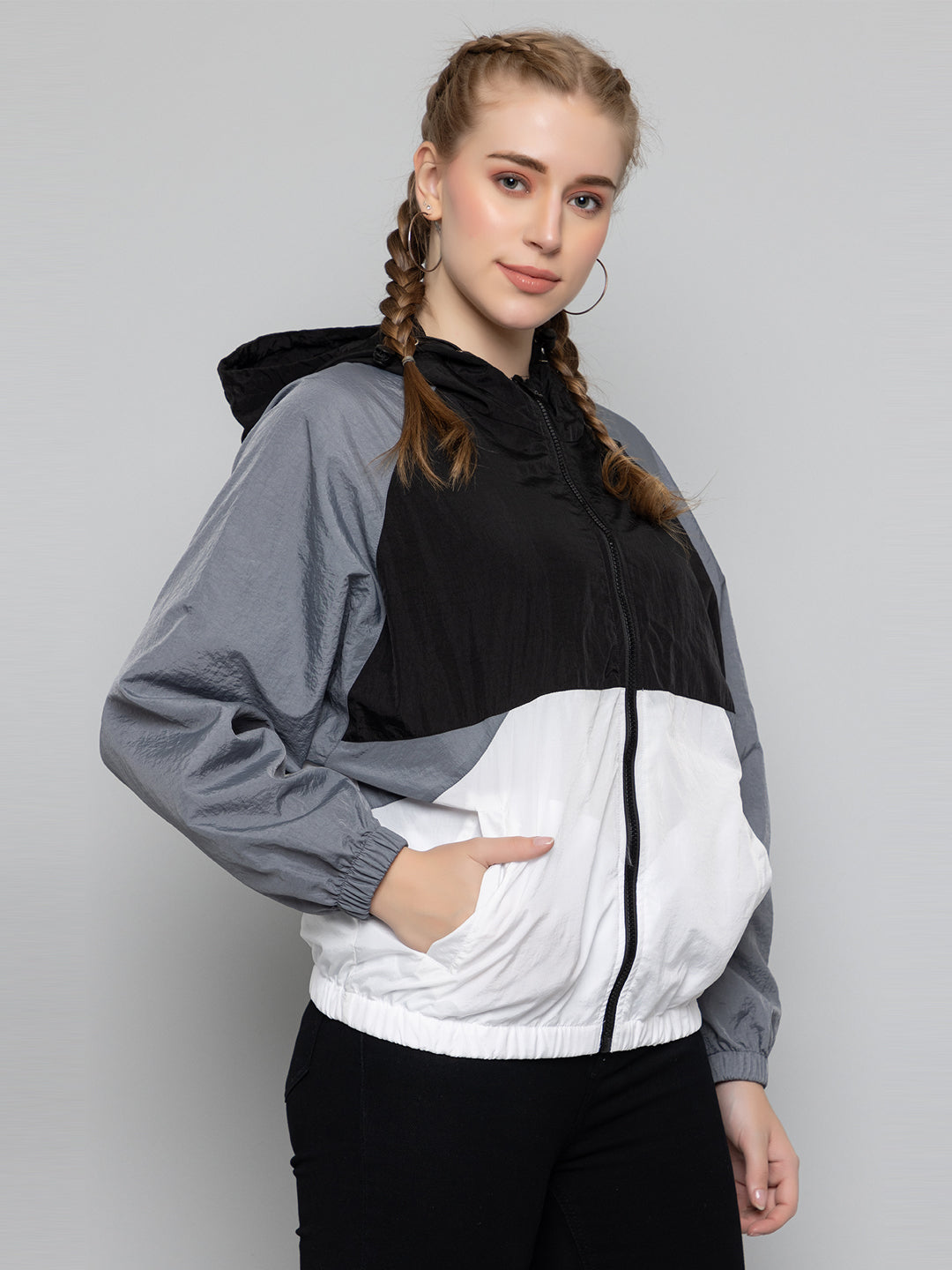 Women Colourblocked Hooded Windcheater Oversized Sports Jacket