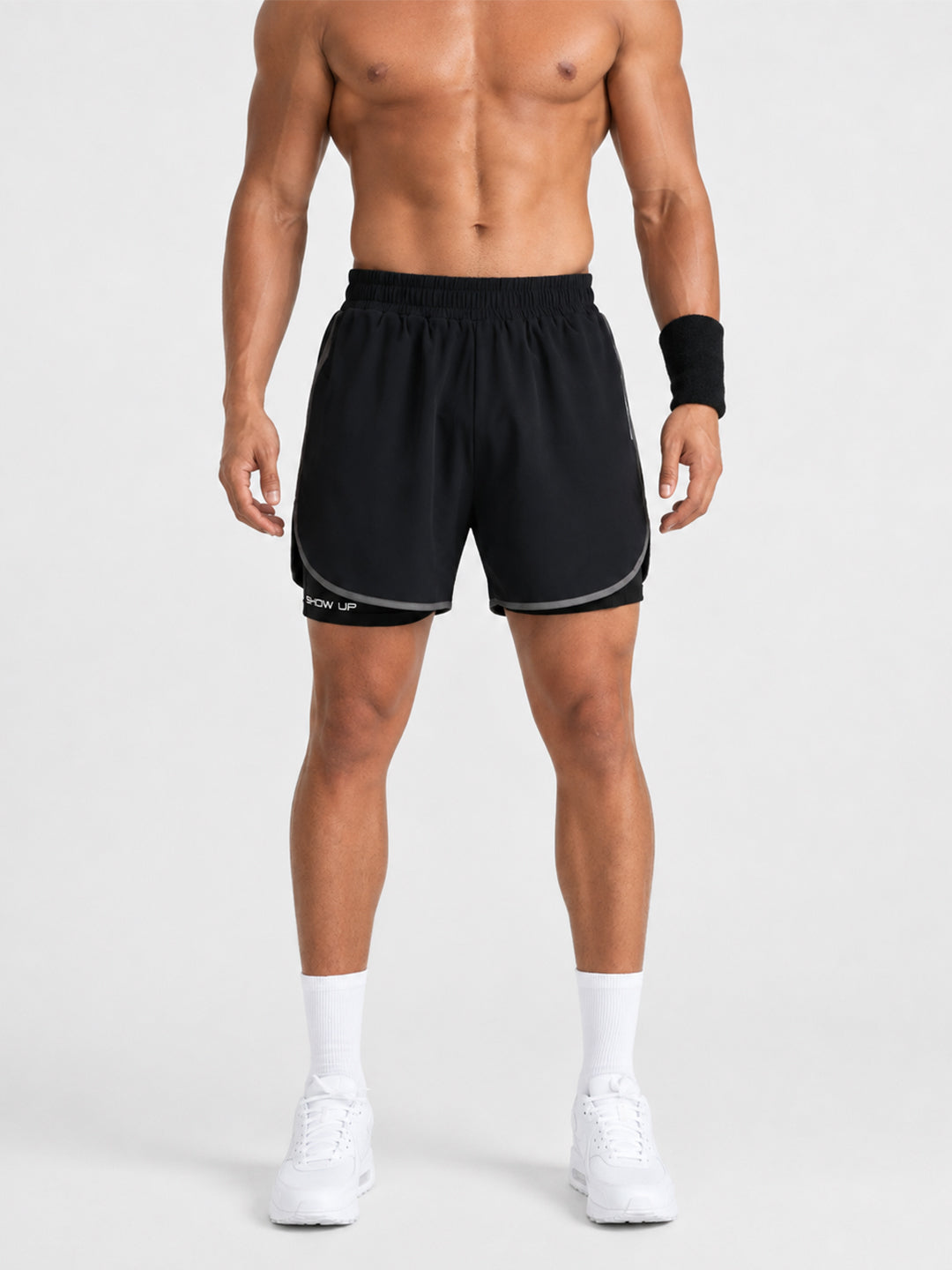 Men Double Layered Sports Running Shorts Navy Gray