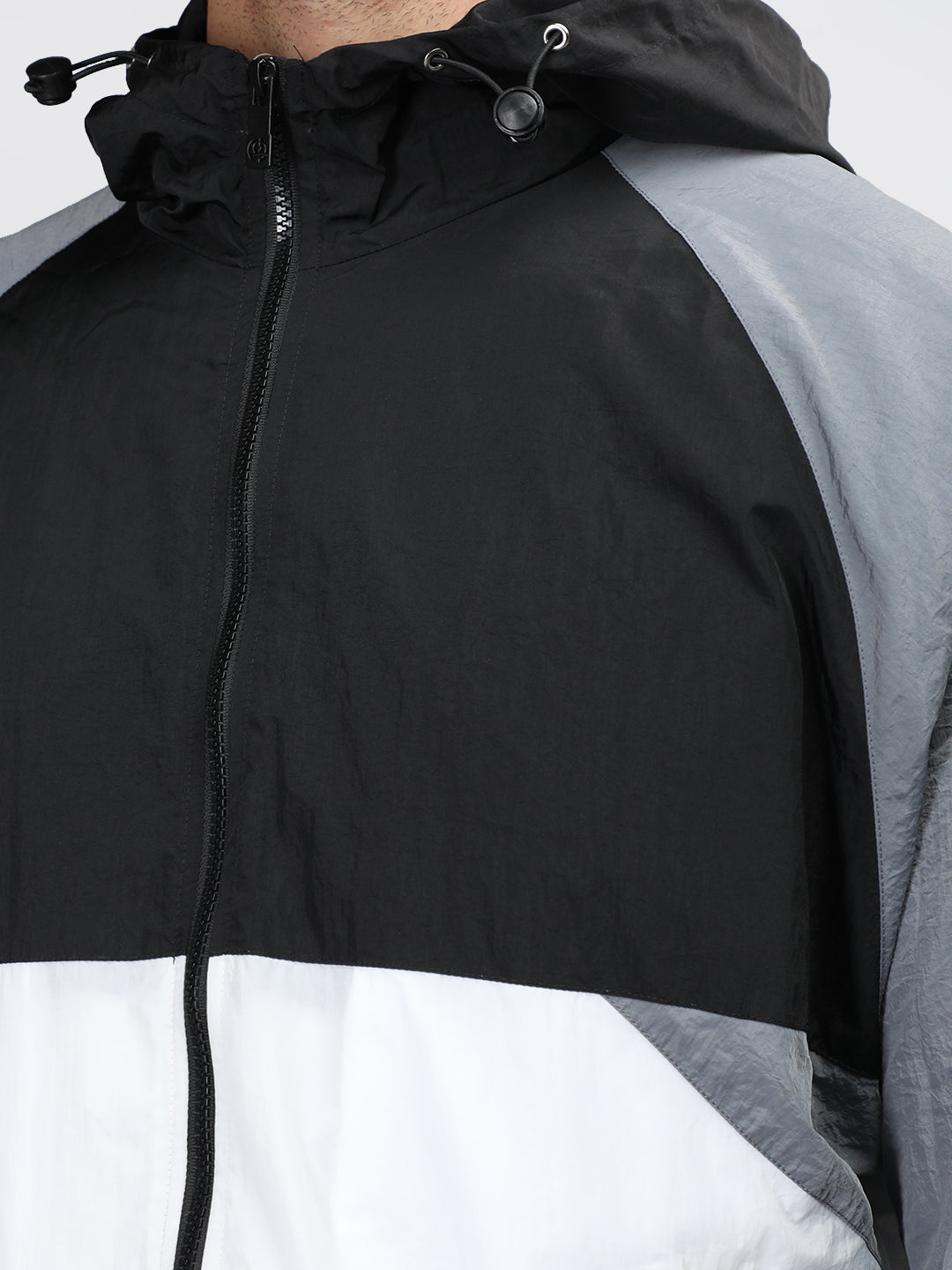 Men Black White Hooded Windcheater Oversized Sports Jacket