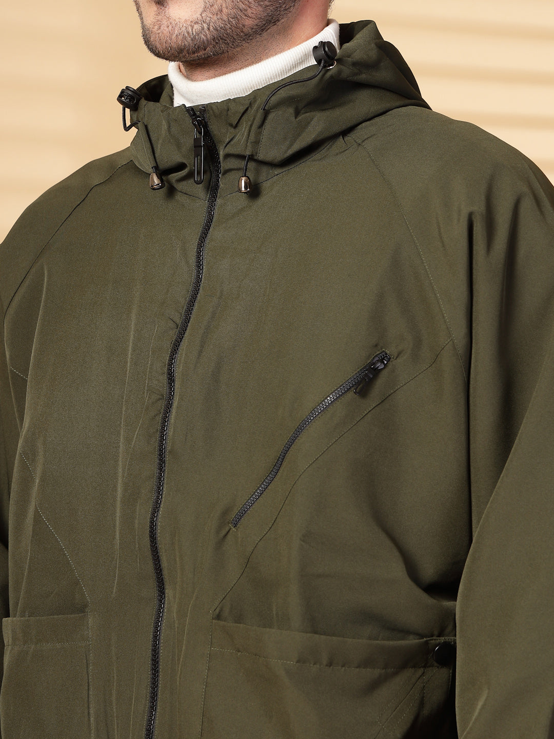 Men Winter Sports Oversized Windcheater Hooded Jacket Olive