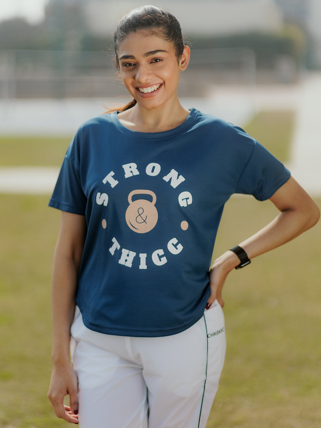 Women Round Neck Dry Fit Gym Sports T-Shirt Indigo