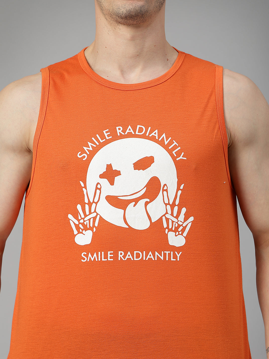 Men Orange Printed Gym Tank Tops Sports Sleeveless Vest