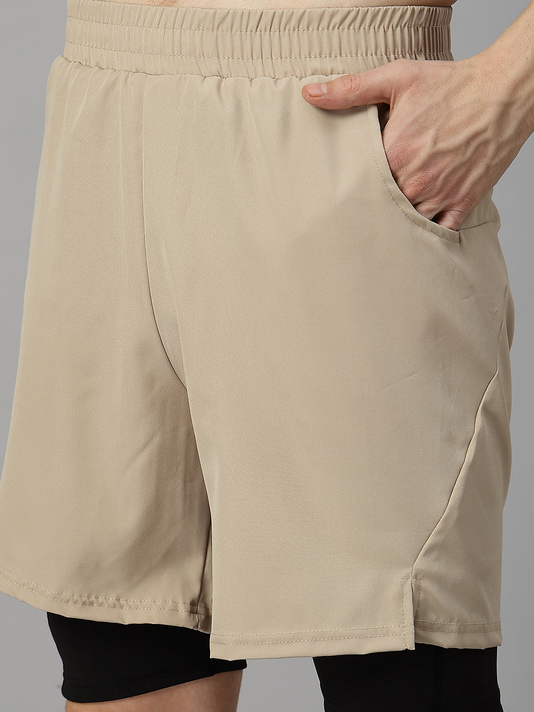Men Running Sports Double Layered Shorts With Pocket Beige