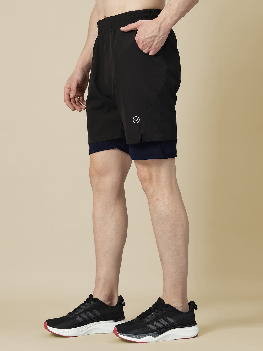 Men Running Sports Double Layered Shorts With Pocket Black Navy
