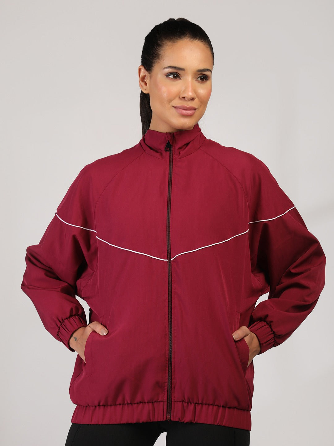 Women Winter Sports Oversized Windcheater Hooded Jacket Maroon