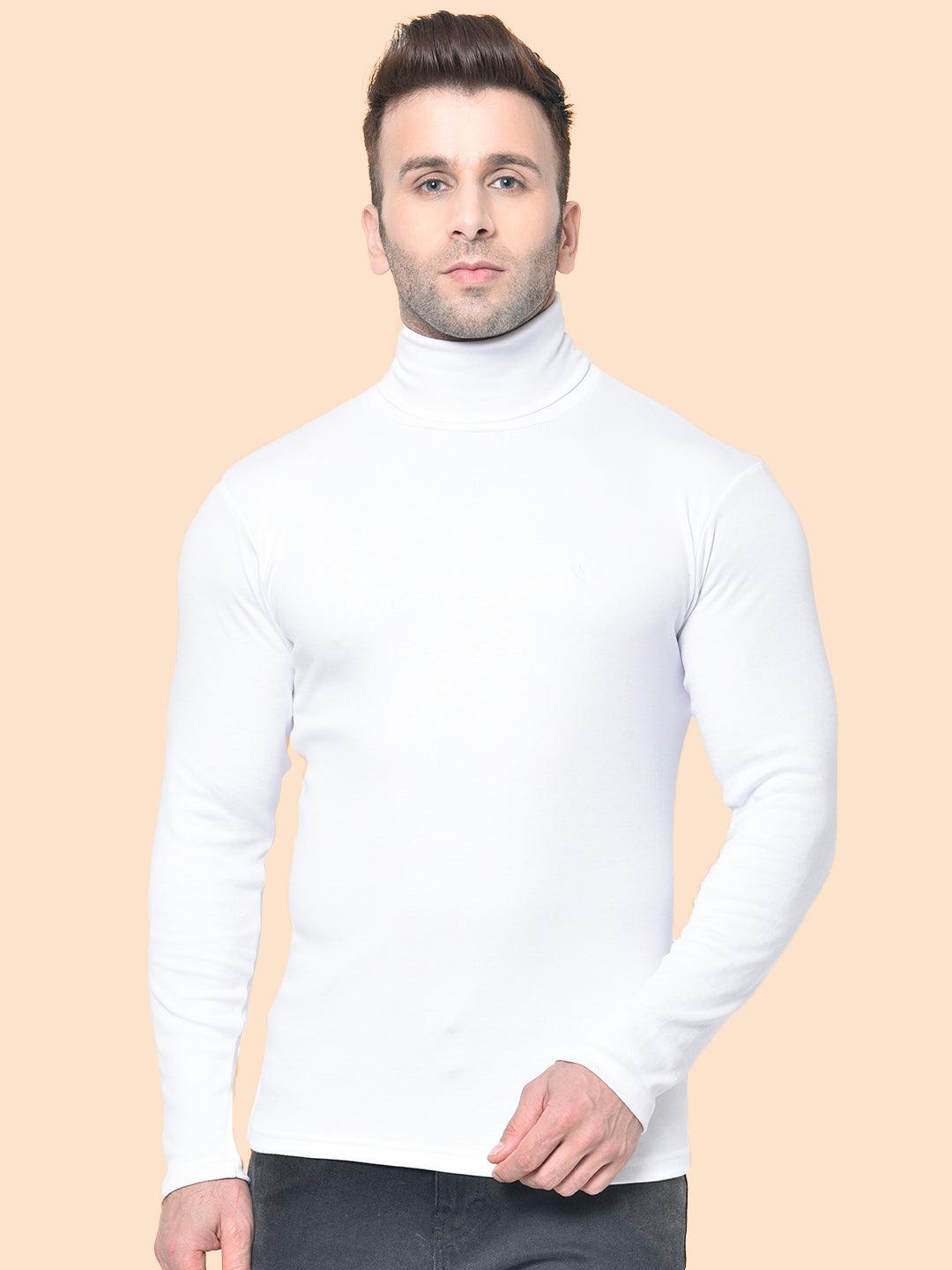 Men White Regular Fit Turtle Neck Winter T-shirt