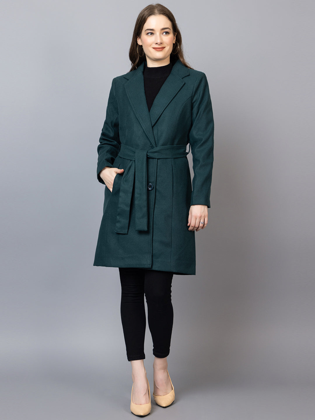 Women Notched Lapel Collar Long Sleeves Woolen Winter Trench Coat