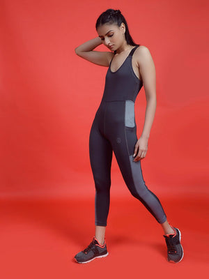 Women's Dark Grey Yoga Workout Basic Jumpsuit | CHKOKKO