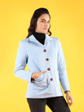 Women Blue Solid Fleece Winter Wear Overcoat