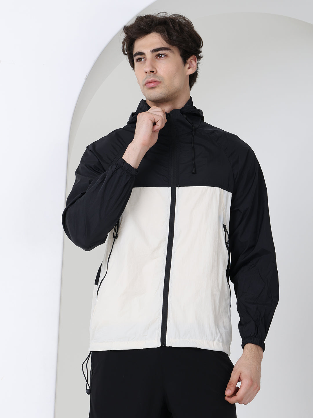 Men’s Black white Lightweight Hooded Windcheater Jacket