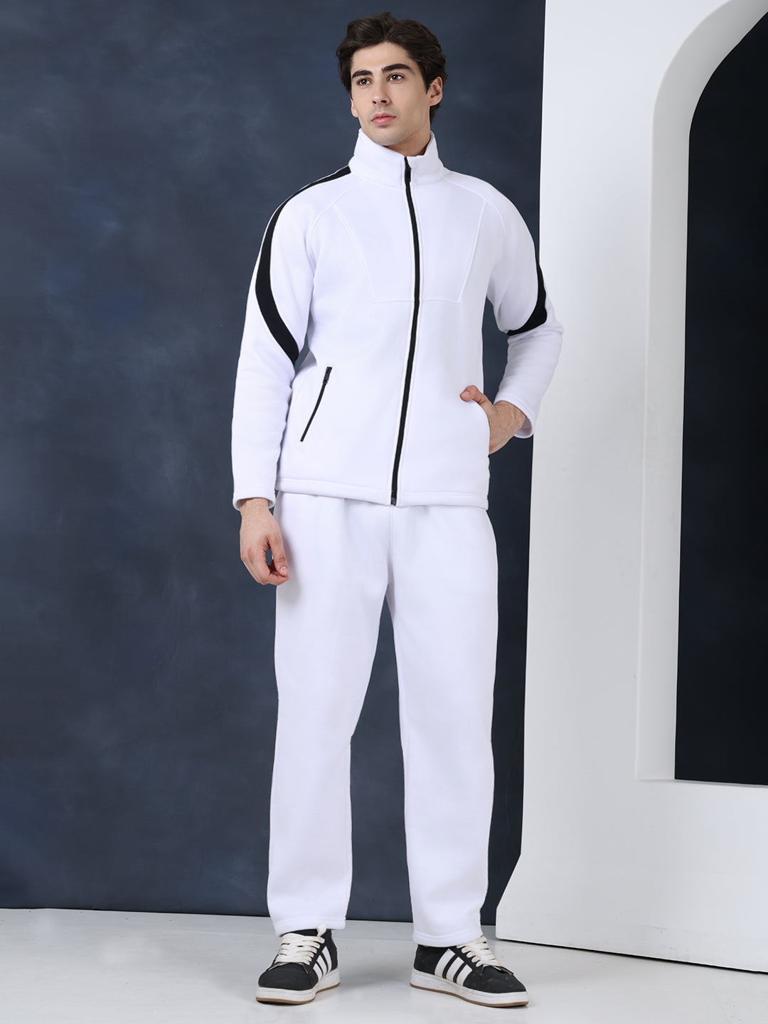 Men White Black Full Zipper Winter Tracksuit