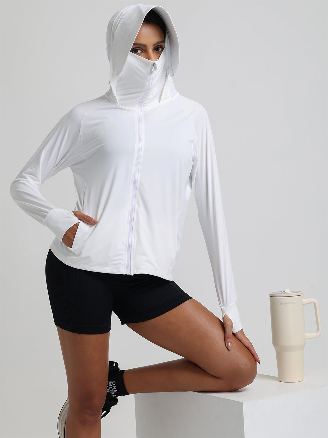 Women's UV Protection Sun Screen Jacket with Face Cover White