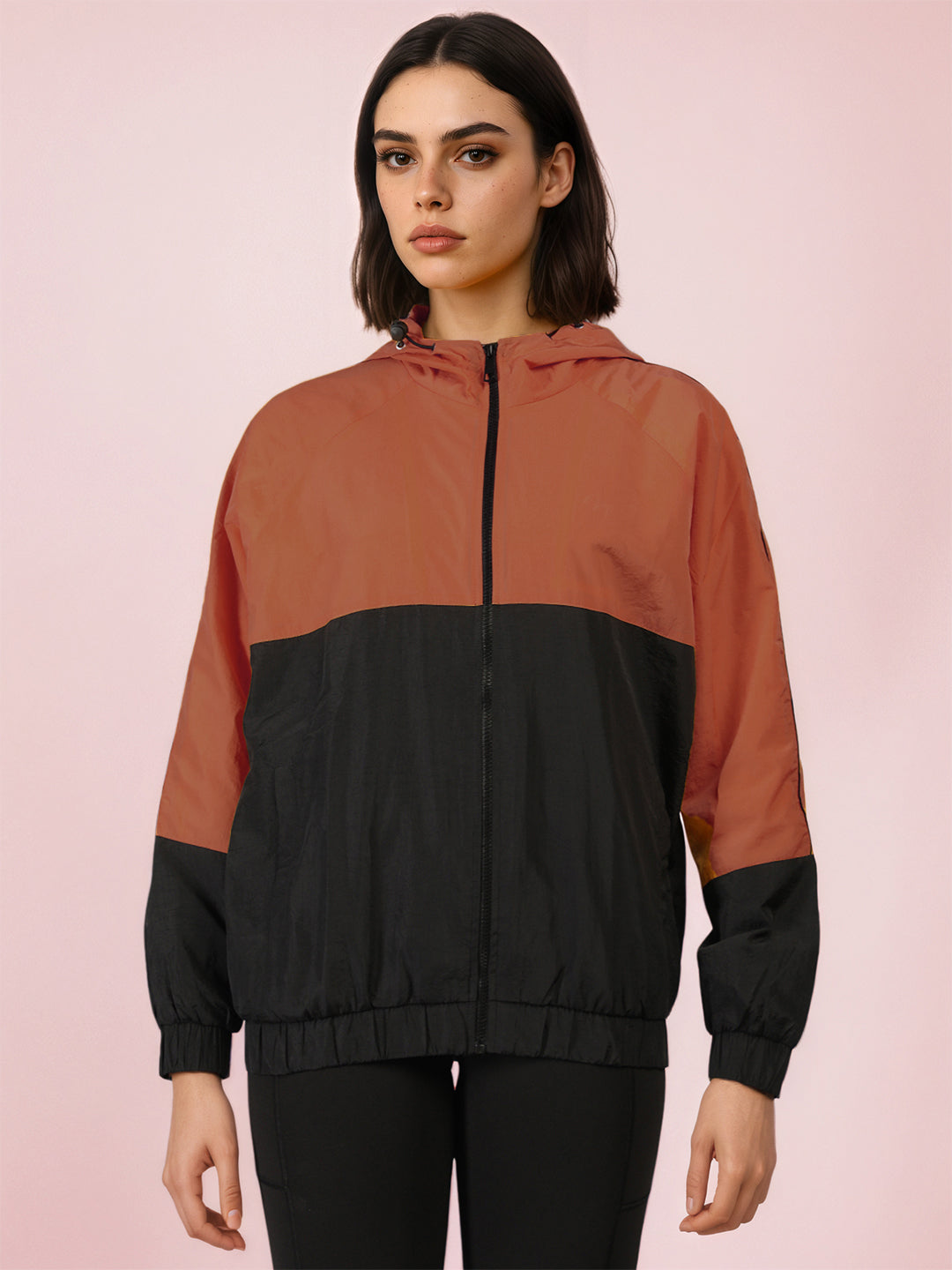 Women Colourblocked Hooded Windcheater Oversized Sports Jacket Rust Black