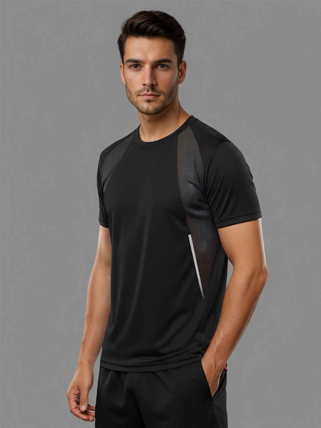 Men's Half Sleeves Dry Fit Gym T-shirt Black Grey