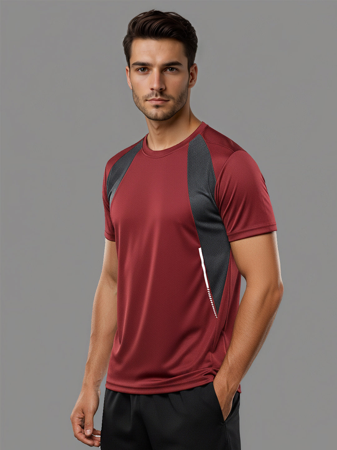 Men's Half Sleeves Dry Fit Gym T-shirt Maroon Grey