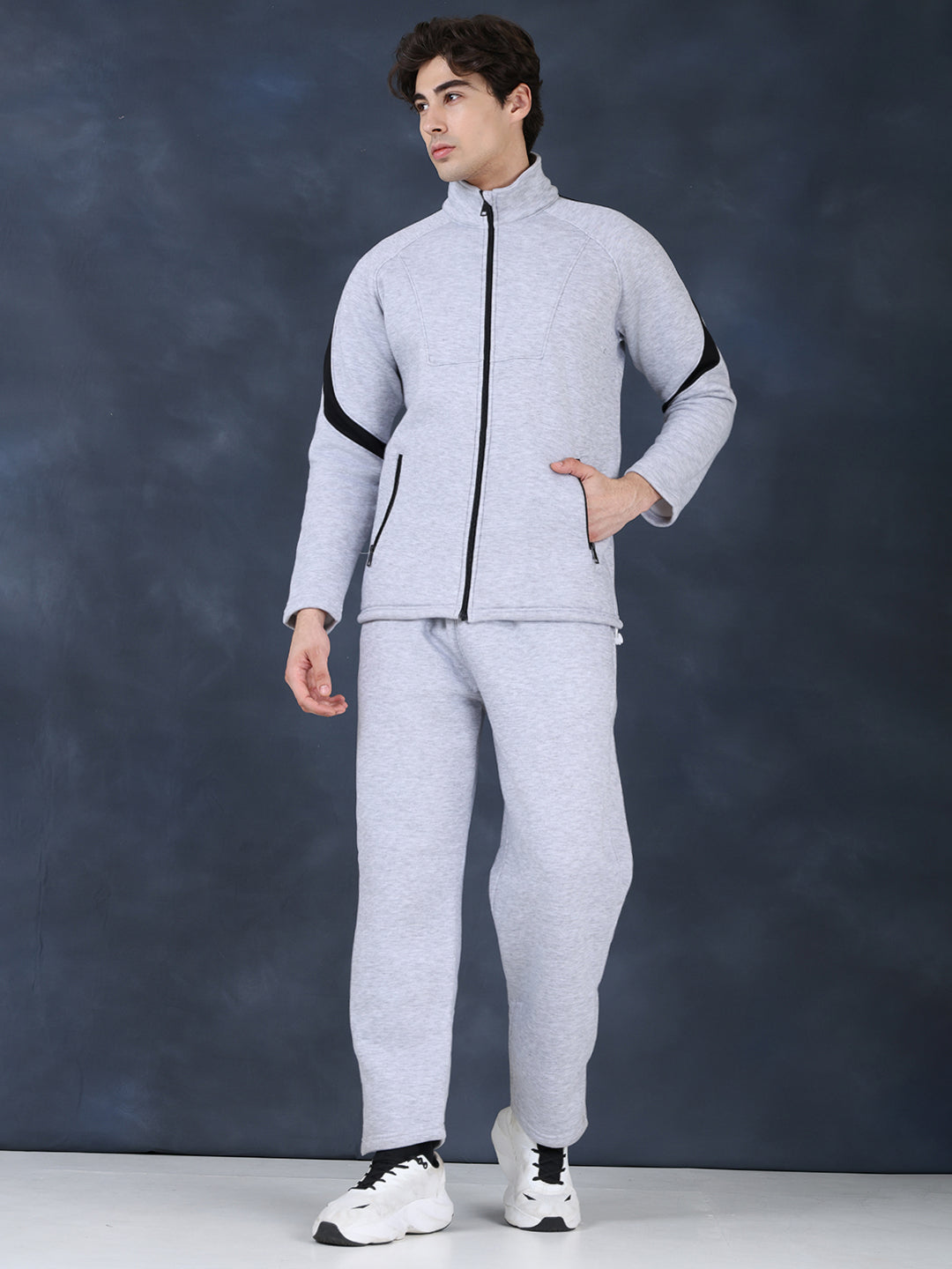 Men Grey Black Full Zipper Winter Tracksuit