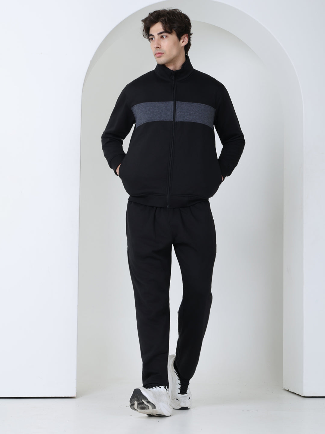 Black Grey Heavy Fleece Winter Tracksuit Men