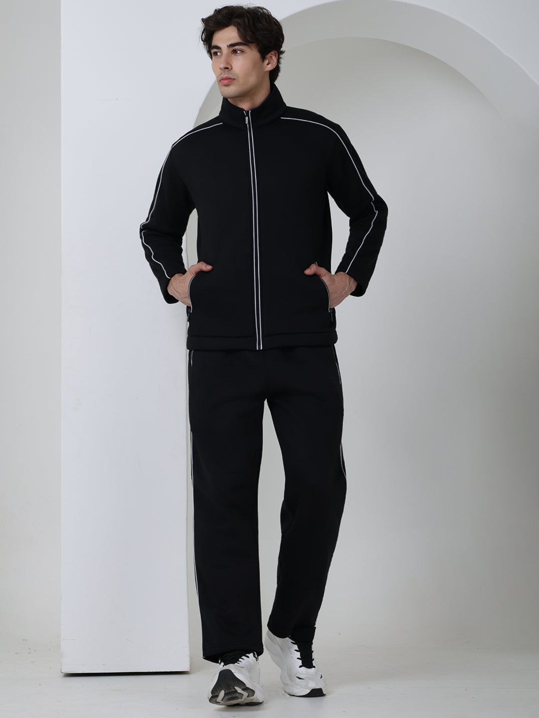 Men's Black White Heavy Fleece Winter Tracksuit