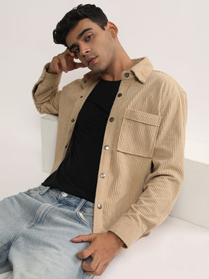 Men Winter Wear Solid Corduroy Casual Shacket