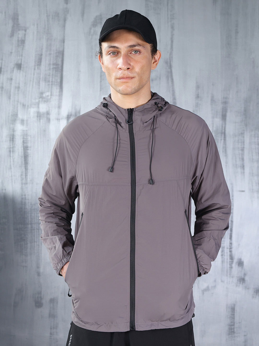 Men Grey Hooded Windcheater Oversized Sports Jacket