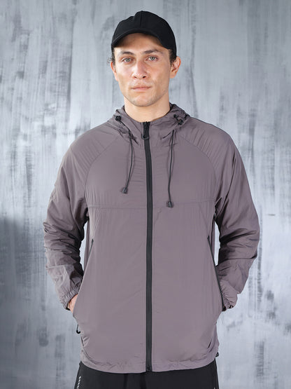 Men Grey Hooded Windcheater Oversized Sports Jacket